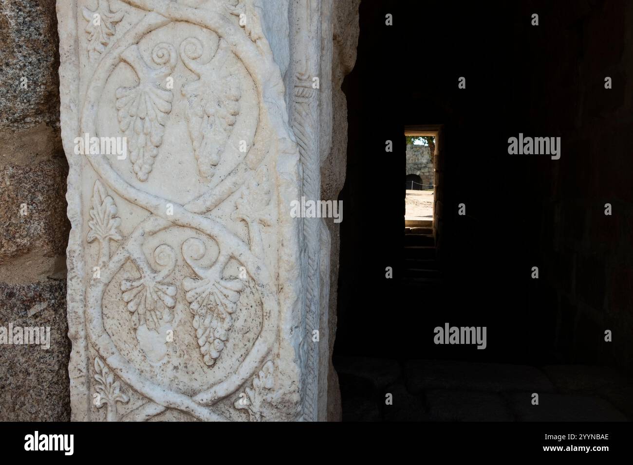 Rilievi visigoti sulla porta della cisterna moresca della cittadella di Merida, Spagna Foto Stock