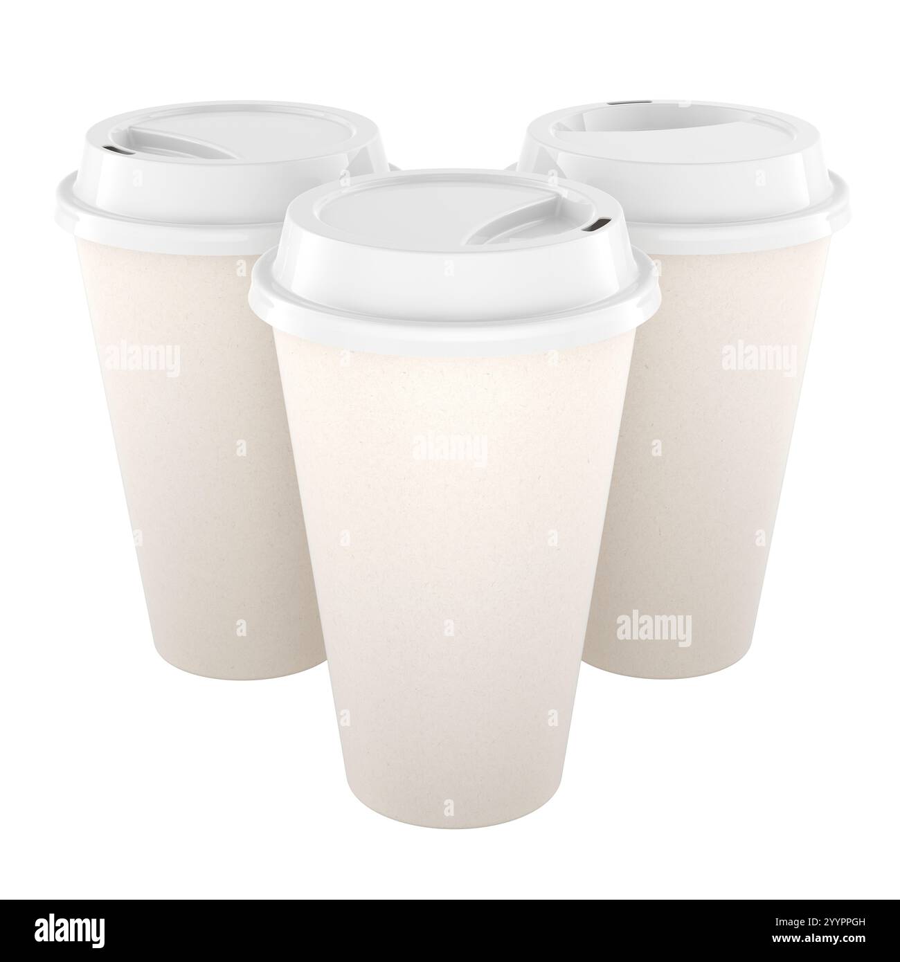 Set di tazze monouso con coperchi per asportazione, rendering 3D isolato su sfondo bianco Foto Stock