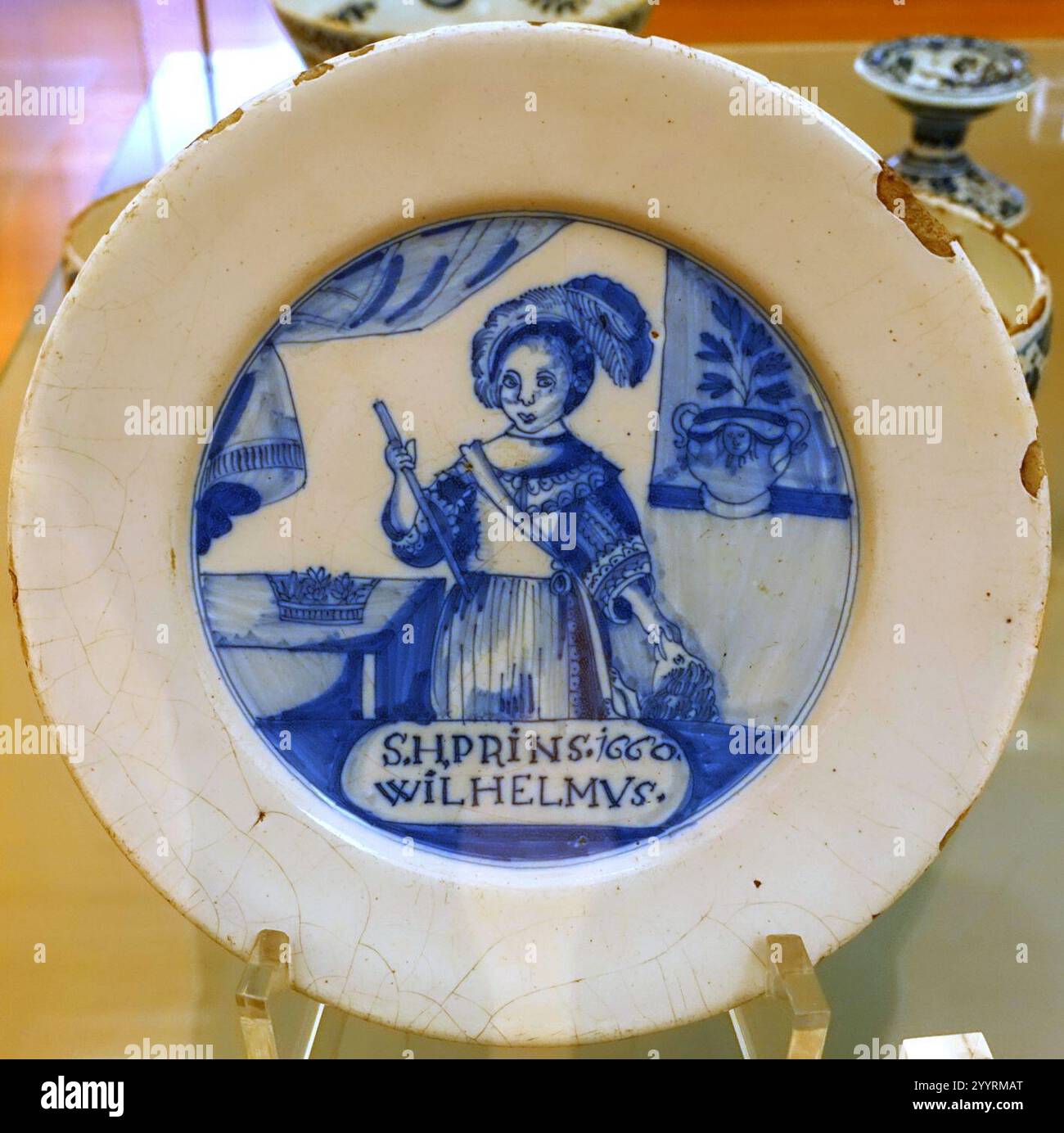 Piatto, Delft, inciso S. H. Prins. 1660 Wilhelmus, Principe Willian d'Orange, 1660, Faience Foto Stock