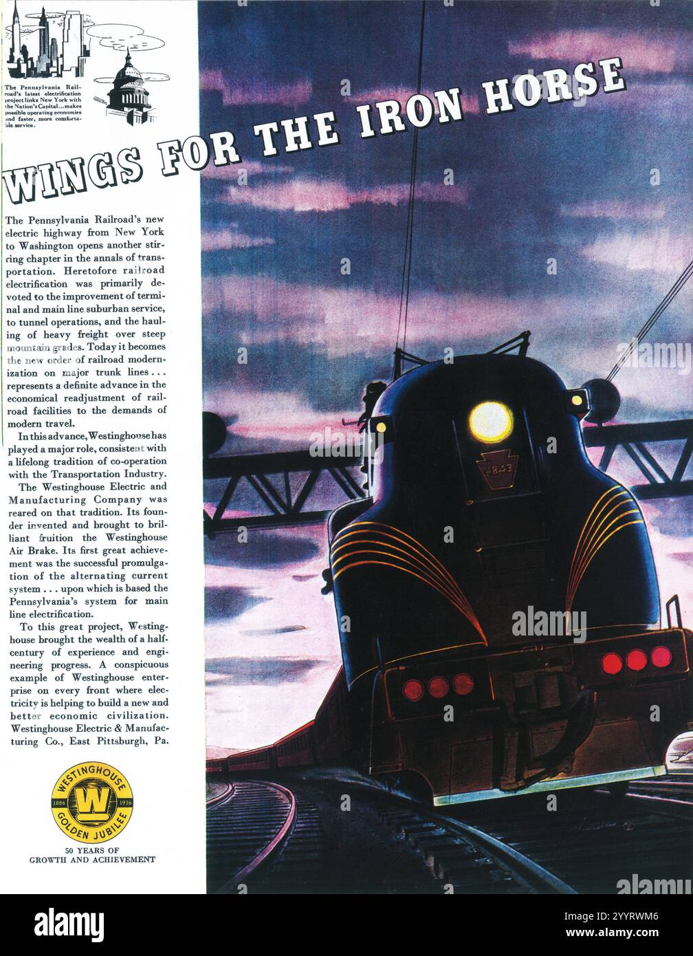 1936 annuncio di Westinghouse Electric and Manufacturing Company - "Ali per il cavallo di ferro" Foto Stock