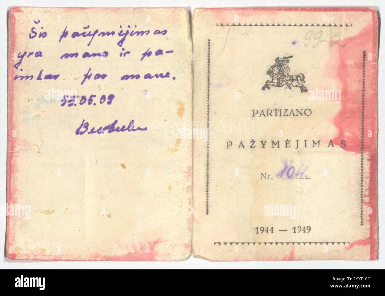 Documento del partigiano del distretto di Vytis Albinas Burbulis-Jovaras, 1949-1953, Lituania. Foto Stock