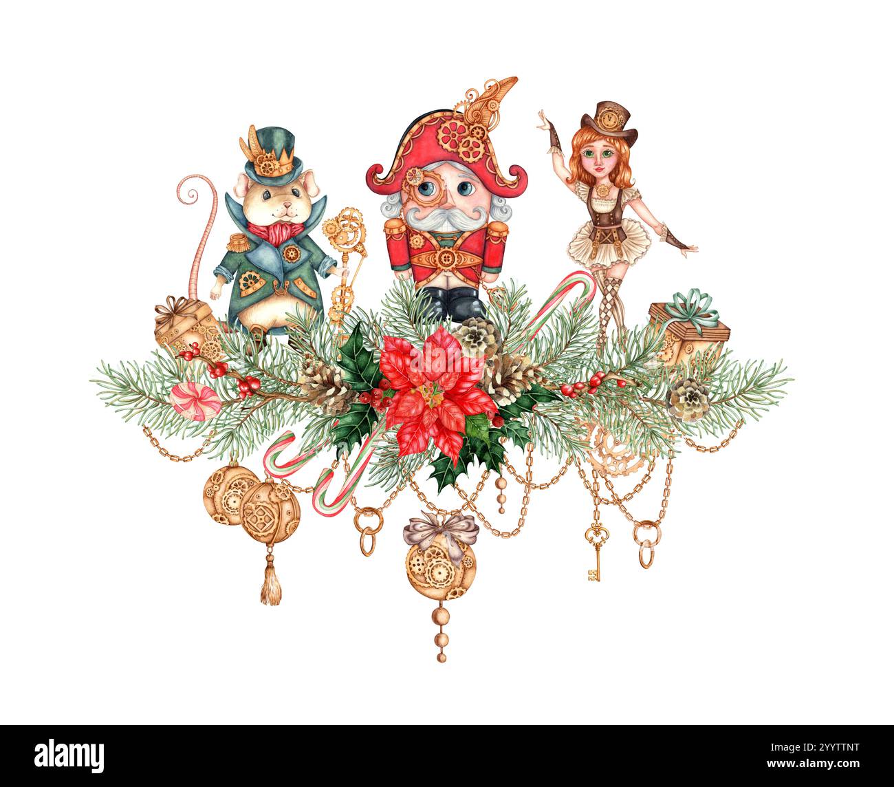 Schiaccianoci con rami di abete, coni di pino, agnello, illustrazione acquerello. Piante forestali per la decorazione invernale di Natale e Capodanno isolate da bac Foto Stock