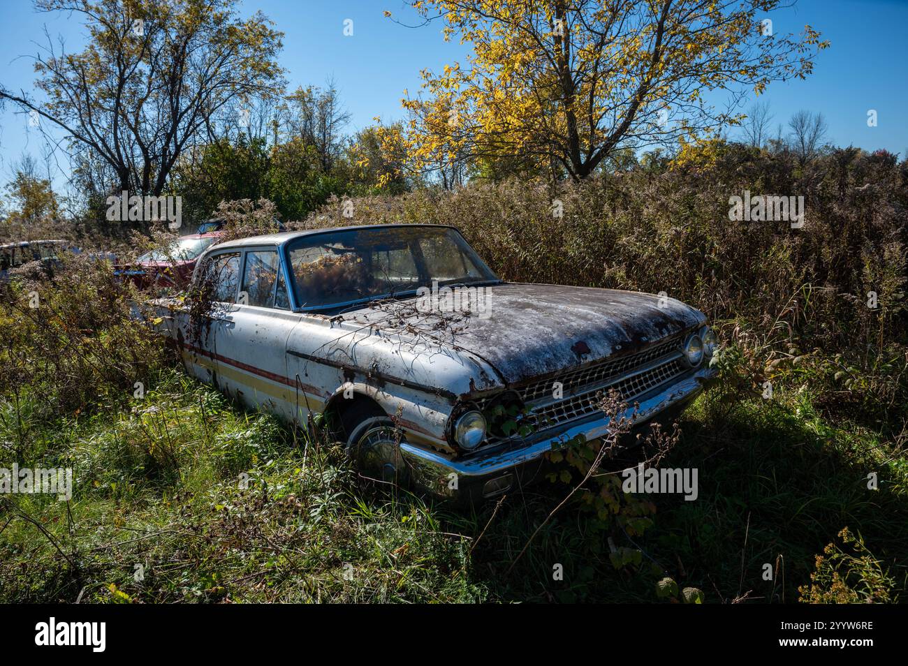 La classica Ford americana abbandonata nel cortile della spazzatura. Foto Stock