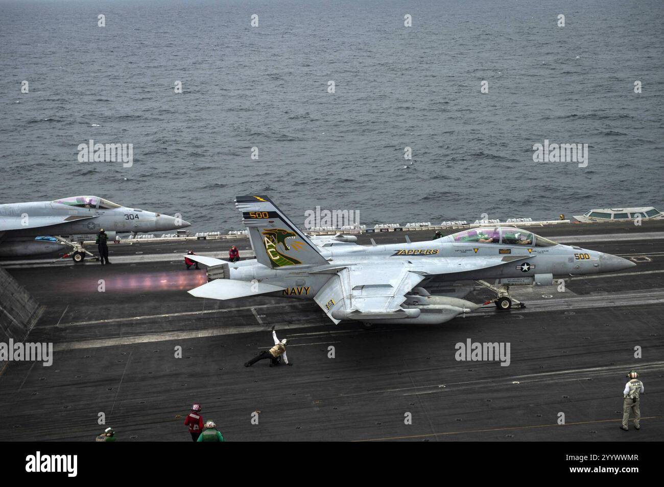 L'EA-18G Growler del VAQ-130 è stato lanciato dalla USS Dwight D. Eisenhower (CVN-69) nel Mar Arabico il 23 marzo 2020 Foto Stock