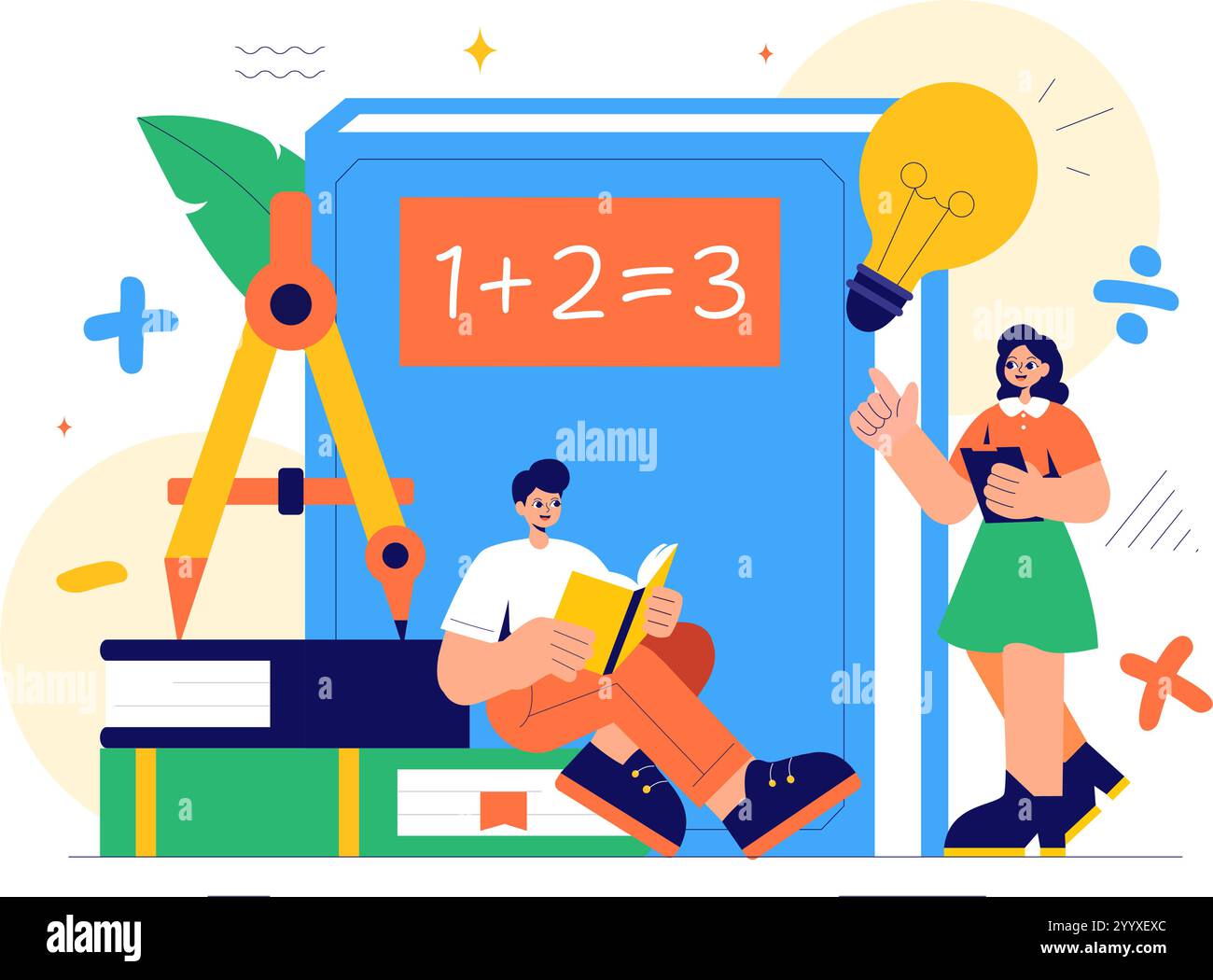 Illustrazione vettoriale per l'apprendimento della matematica con materiali scolastici o cancelleria con equazioni matematiche, formule e simboli in uno sfondo Illustrazione Vettoriale