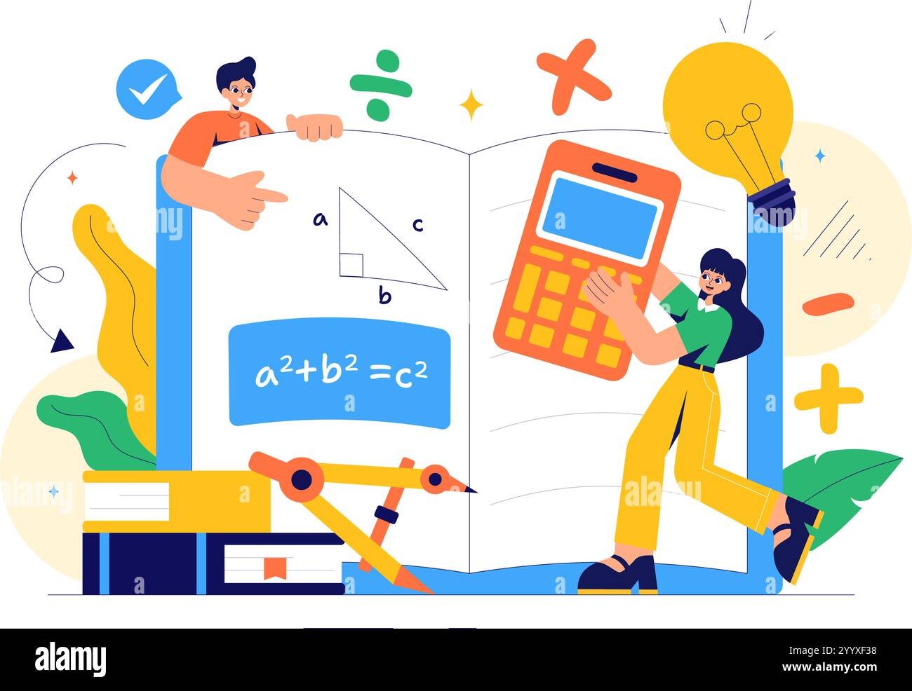 Illustrazione vettoriale per l'apprendimento della matematica con materiali scolastici o cancelleria con equazioni matematiche, formule e simboli in uno sfondo Illustrazione Vettoriale