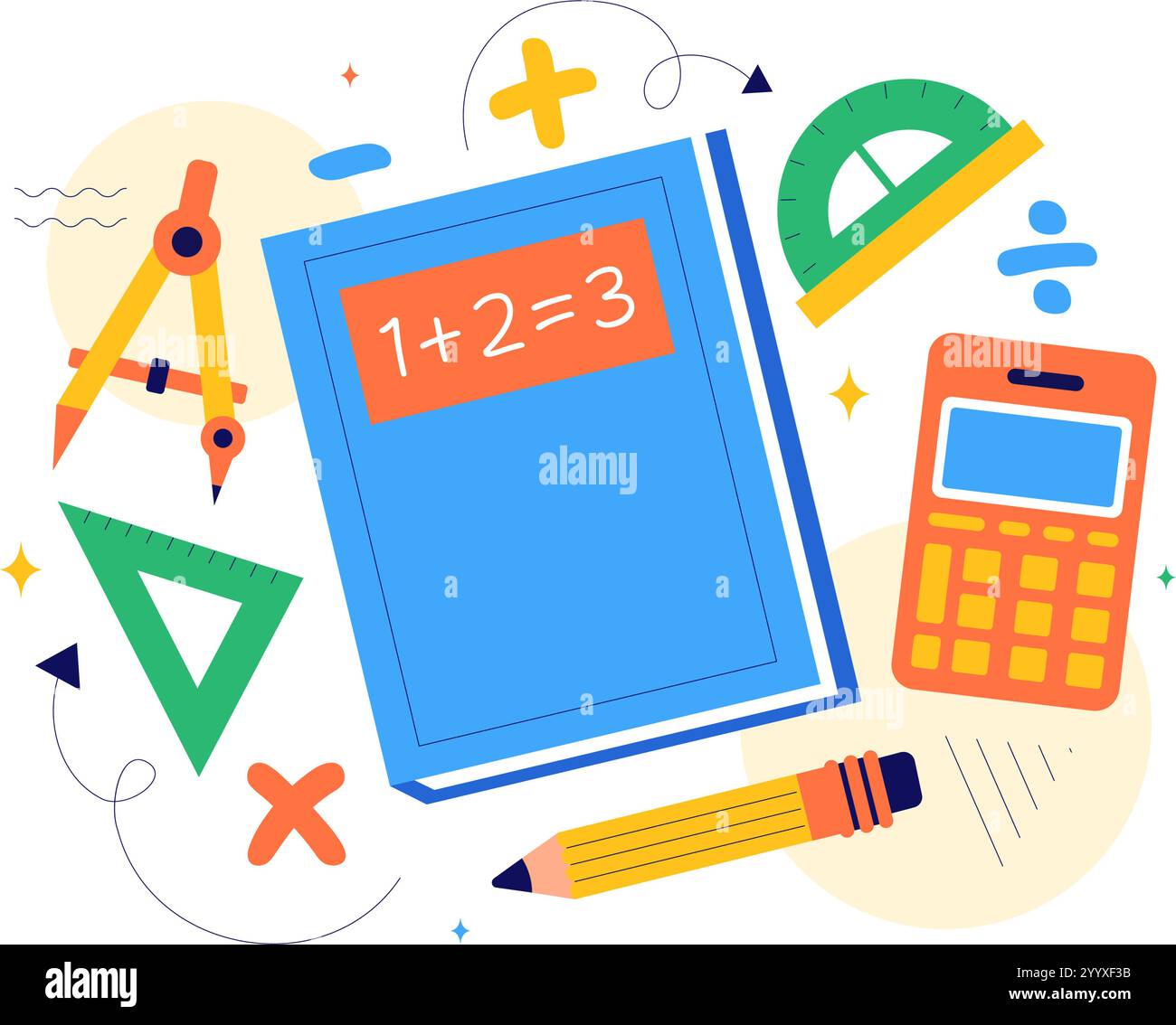 Illustrazione vettoriale per l'apprendimento della matematica con materiali scolastici o cancelleria con equazioni matematiche, formule e simboli in uno sfondo Illustrazione Vettoriale