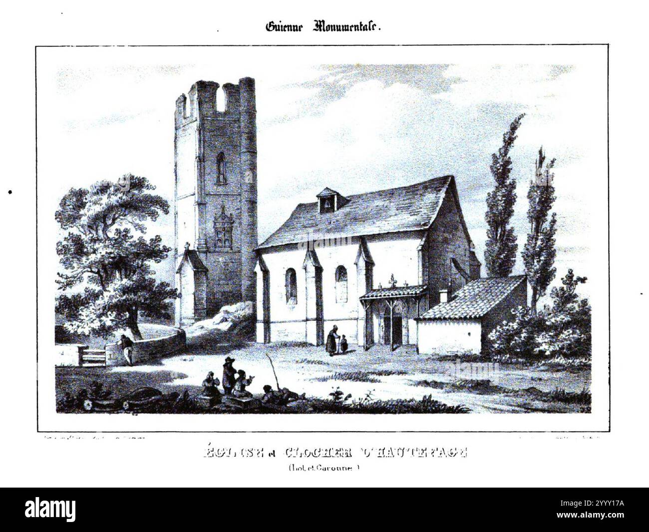 Eglise et clocher de Hautefage (Lot et Garonne). Foto Stock