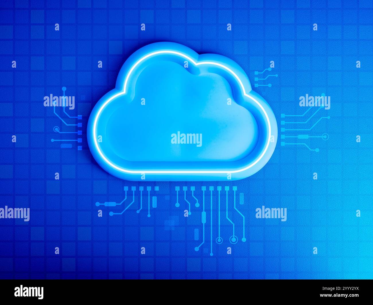 Tecnologia dell'infrastruttura di cloud computing, soluzioni software, concetto di servizio di storage dei sistemi di dati. Moderna nuvola bianca e vuota con circuito digitale Foto Stock
