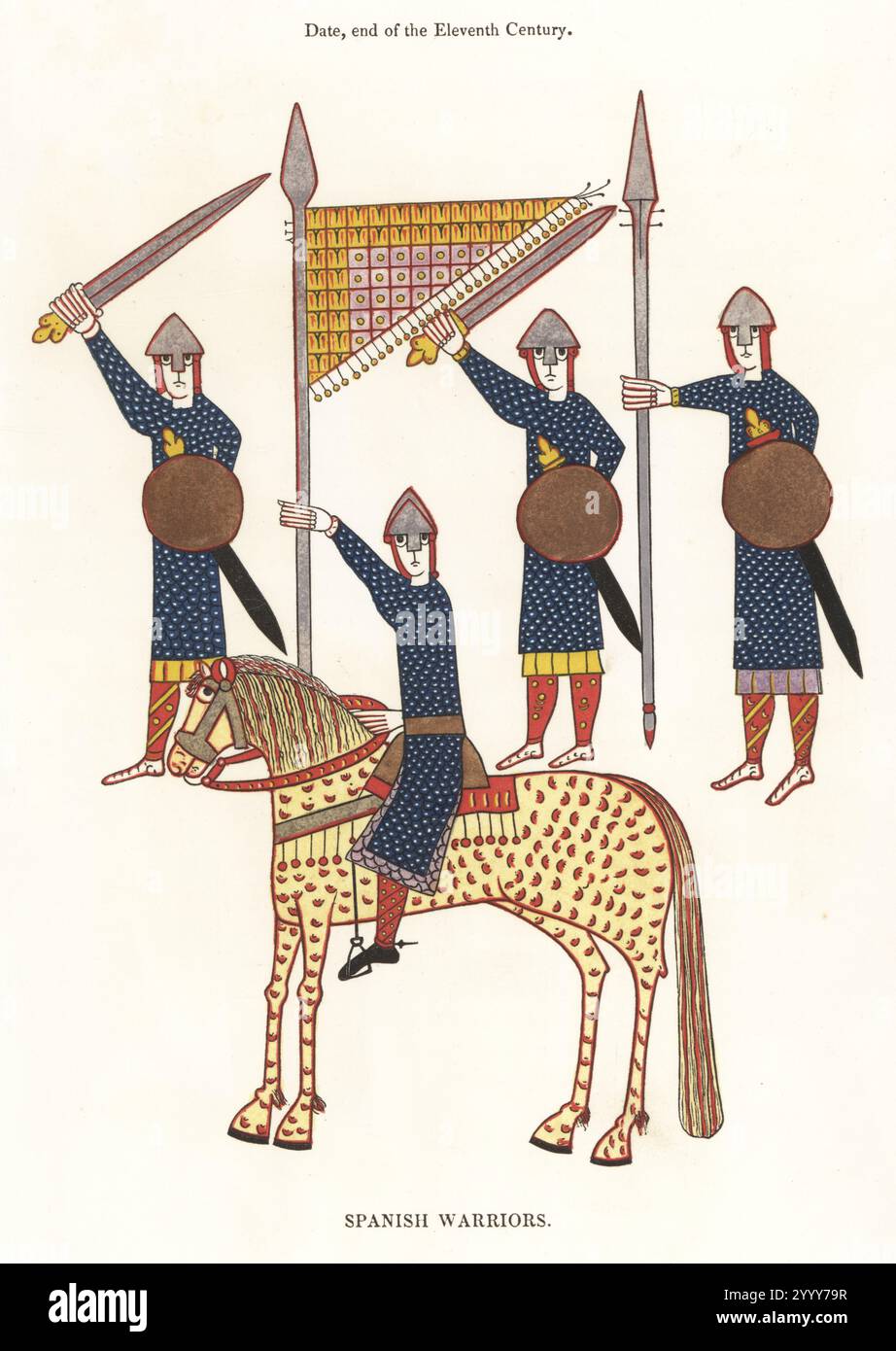 Guerrieri spagnoli, fine dell'XI secolo. Cavalleria con pennant e fanteria armata di lancia, spada e scudo. I caschi e le armature di chainmail assomigliano a quelli dei Saraceni o dei costumi militari moreschi. Dal foglio 223 del manoscritto spagnolo Beato de Liebana nella British Library MS Additional 11695. Foto Stock