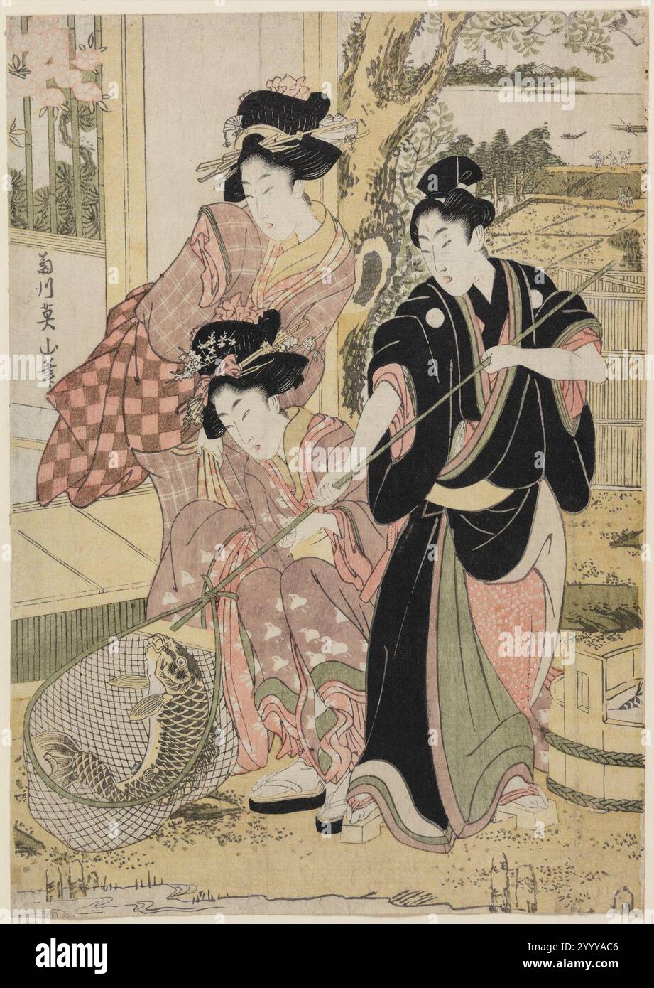 Kikugawa Eizan, Ung mand og to kvinder fanger en karpe ved et hus nær Sumida-floden, Foto Stock