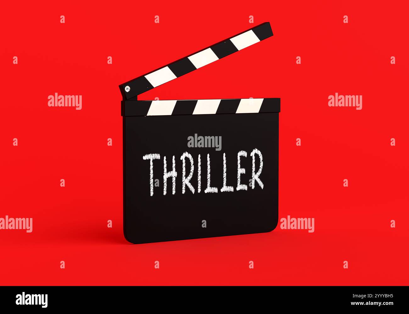 Lavagna con scritto il termine thriller, che raffigura le riprese di una scena cinematografica emozionante e avvincente. Rendering 3D. Foto Stock