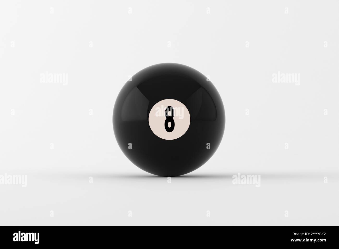Palla da biliardo nera numero otto su sfondo bianco, che rappresenta il gioco del biliardo. Rendering 3D. Foto Stock