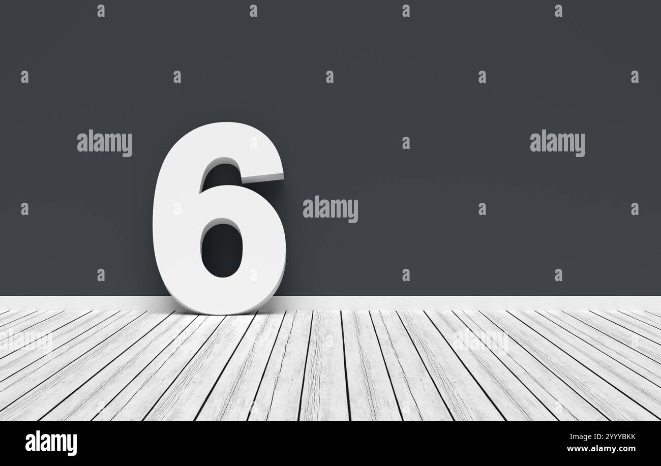 Bianco numero sei appoggiato su una parete grigio scuro in una camera bianca con pavimento in legno. Rendering 3D. Foto Stock