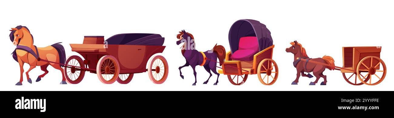 Collezione di cartoni animati per il trasporto di cavalli e carretti. Eleganti stalloni marroni utilizzati per veicoli d'epoca: Carrozza di lusso, phaeton d'epoca, vagone per consegne in legno. Storia delle fiabe o dei giochi. Illustrazione Vettoriale