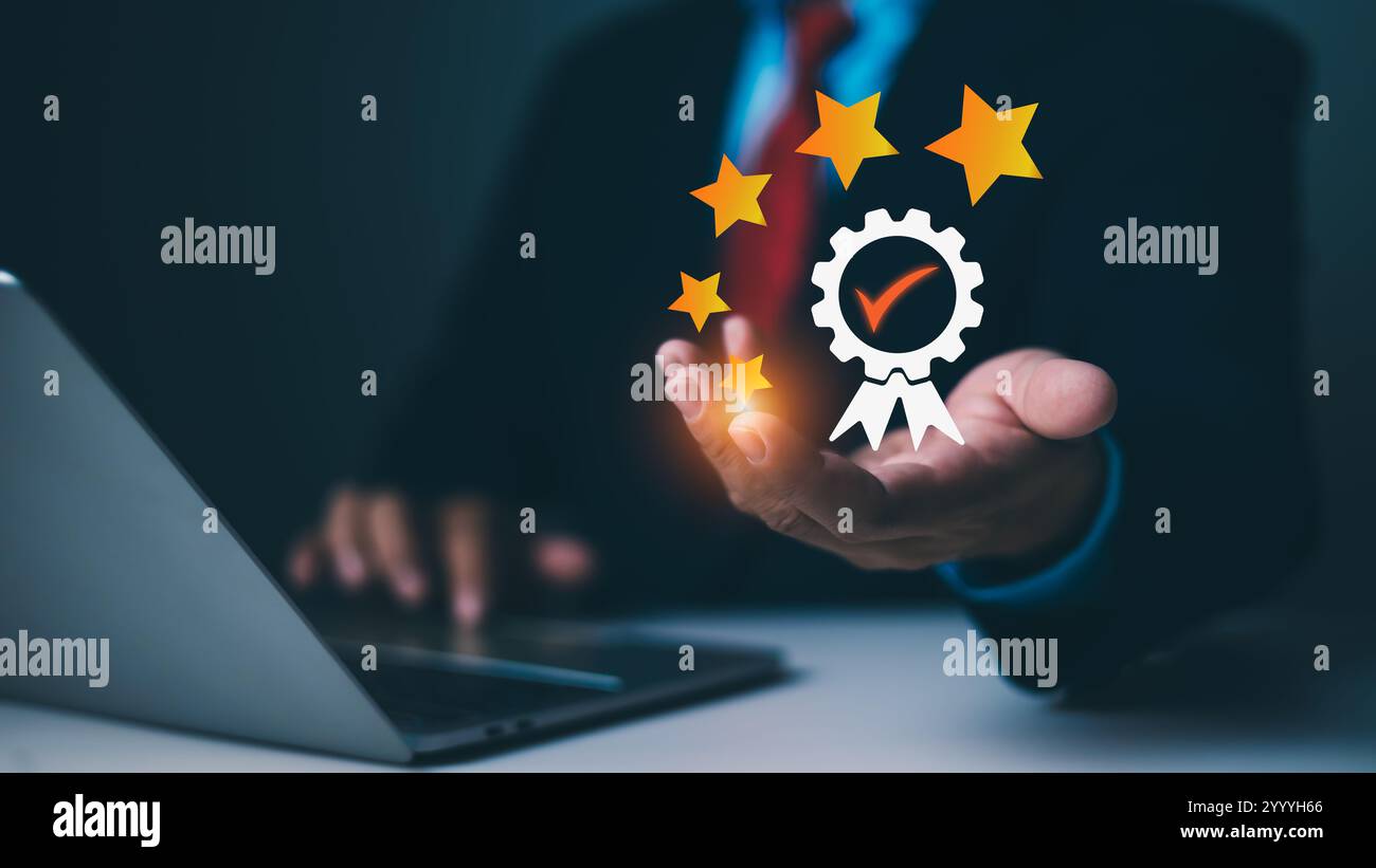 Opinione concetto del sondaggio sulla soddisfazione dei clienti, applicazione online per la valutazione dell'esperienza e del servizio clienti, revisione del feedback sulla soddisfazione, qualità eccellente Foto Stock