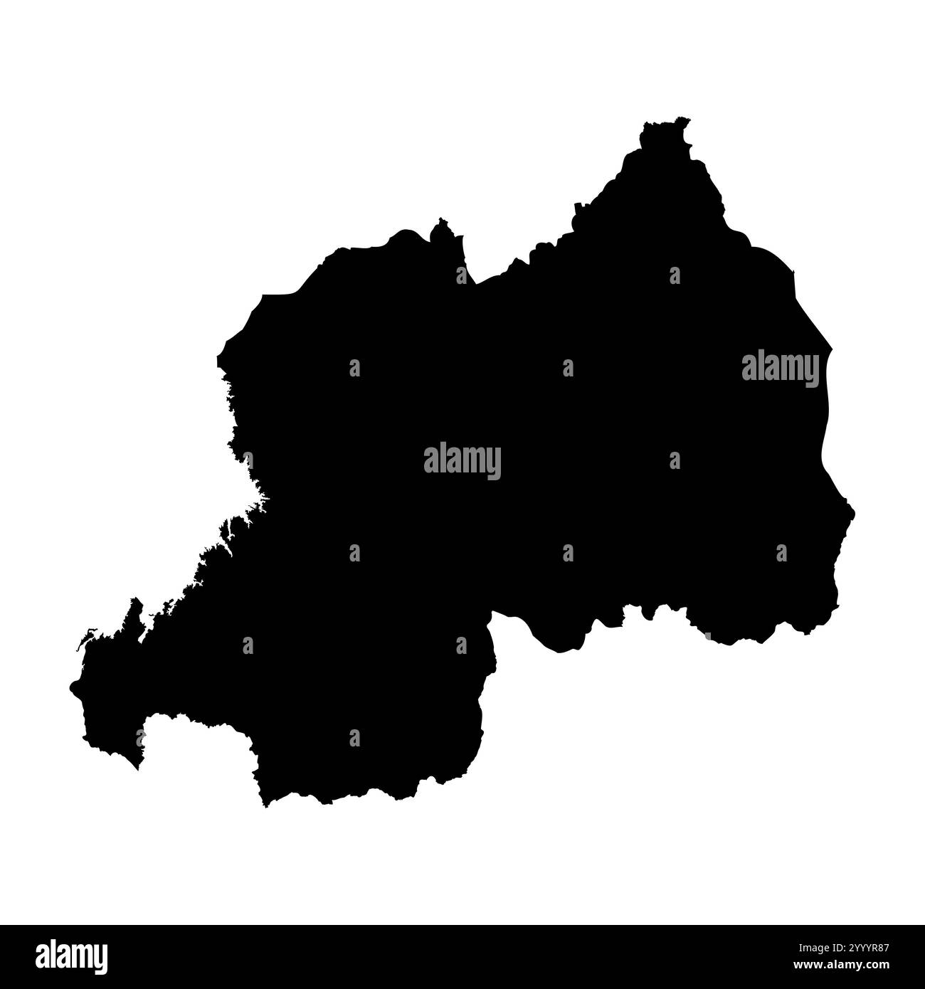 Rappresentazione vettoriale molto dettagliata del Ruanda della silhouette del paese in nero pieno su sfondo bianco. Per uso didattico, decorativo o informativo che illustri il profilo nazionale. Illustrazione Vettoriale