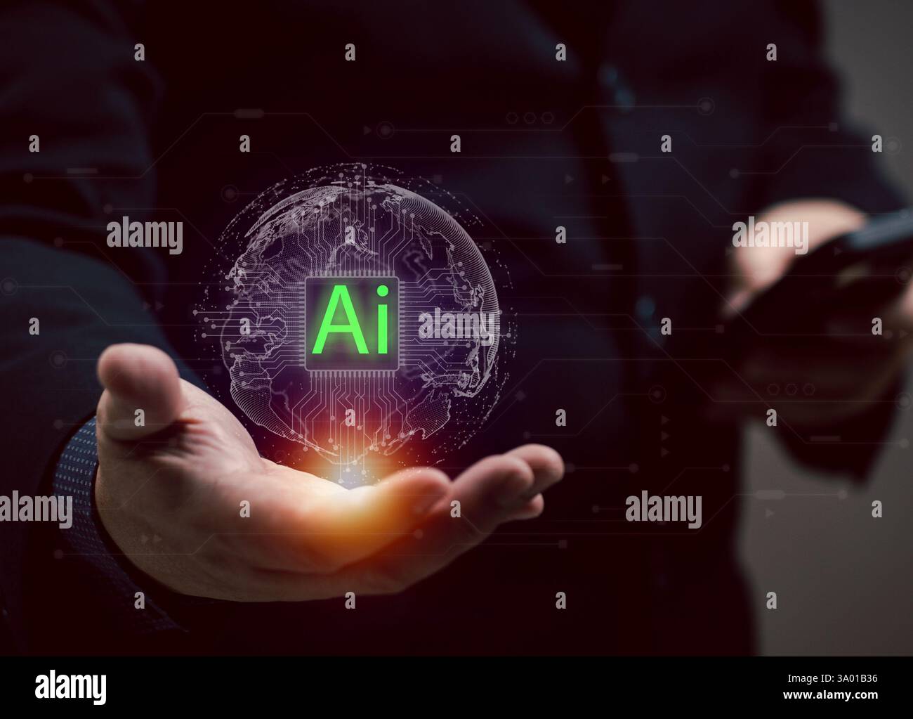 Uomo che tiene in mano un globo con un'icona IA dentro. Un mondo digitale in cui l'intelligenza artificiale gioca un ruolo importante. Le innovazioni dell'intelligenza artificiale stanno per arrivare alla connettività Foto Stock