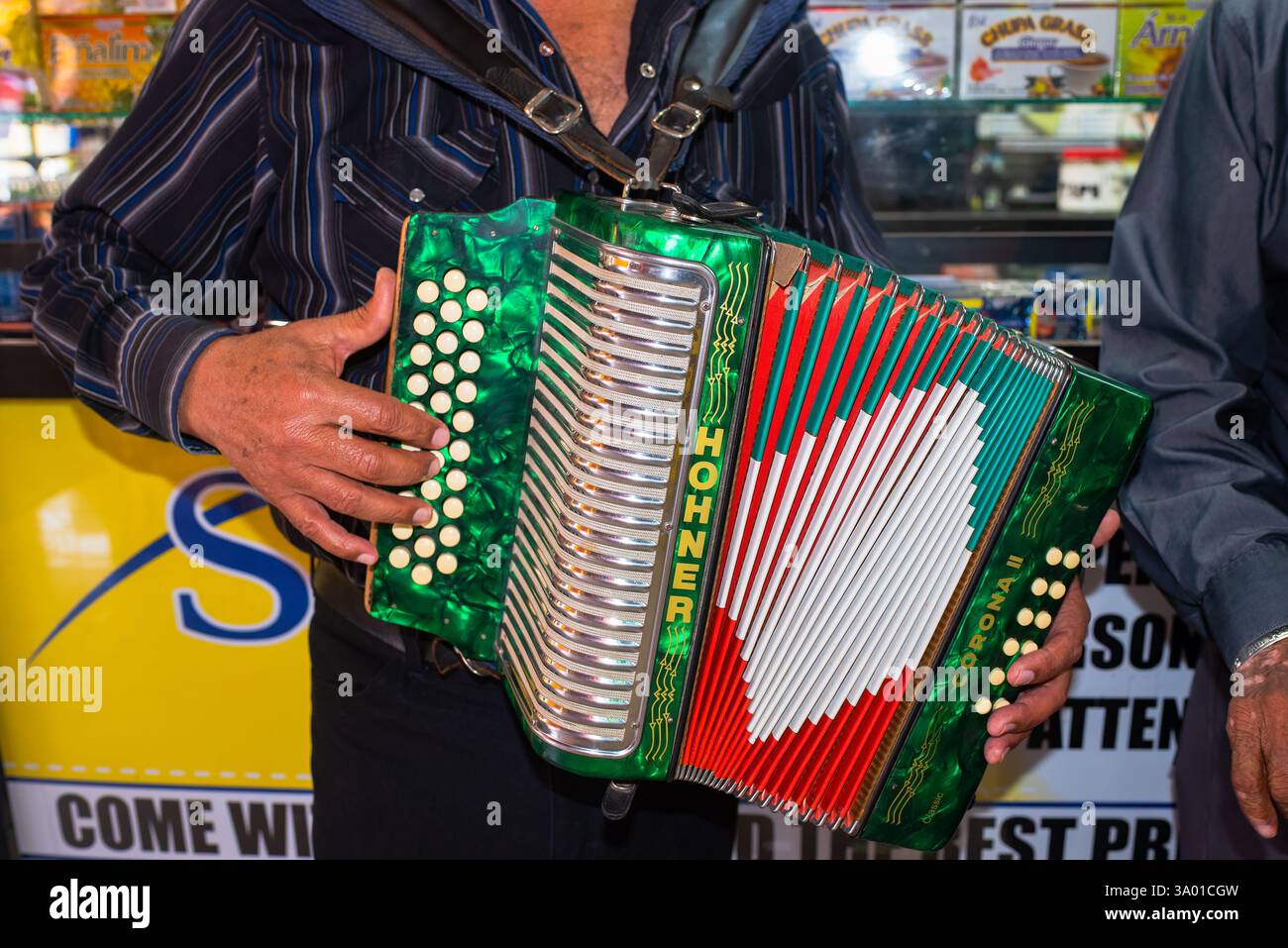 L'uomo suona una fisarmonica Hohner verde e rossa a Nuevo Progreso, Messico, Stati Uniti. Foto Stock