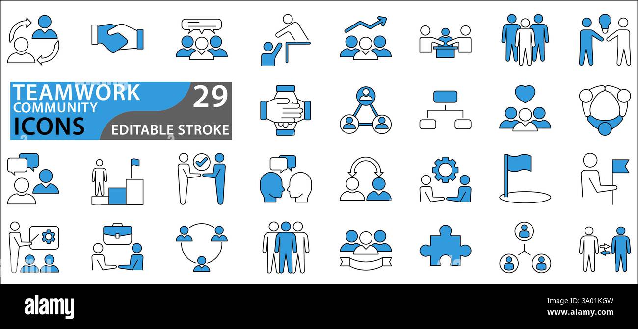 Collezione di icone del lavoro di squadra e della comunità. imposta pacchetto icone. Raccolta icone UI. Set di icone Web Illustrazione Vettoriale