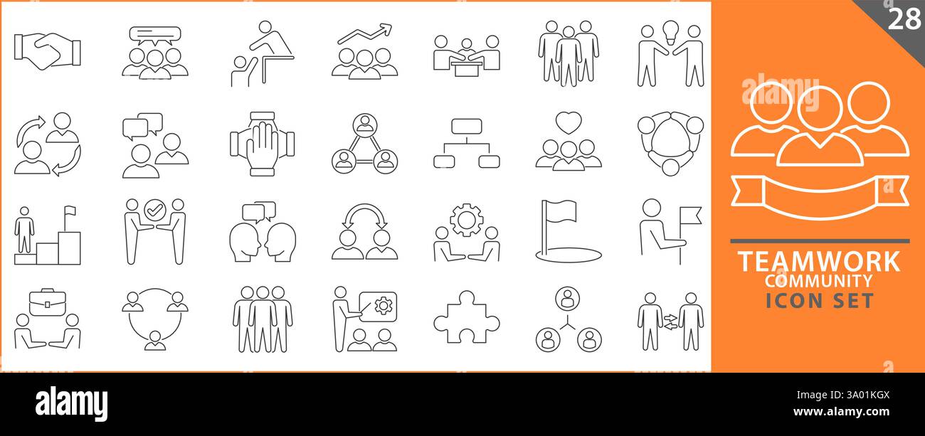 Collezione di icone del lavoro di squadra e della comunità. imposta pacchetto icone. Raccolta icone UI. Set di icone Web Illustrazione Vettoriale