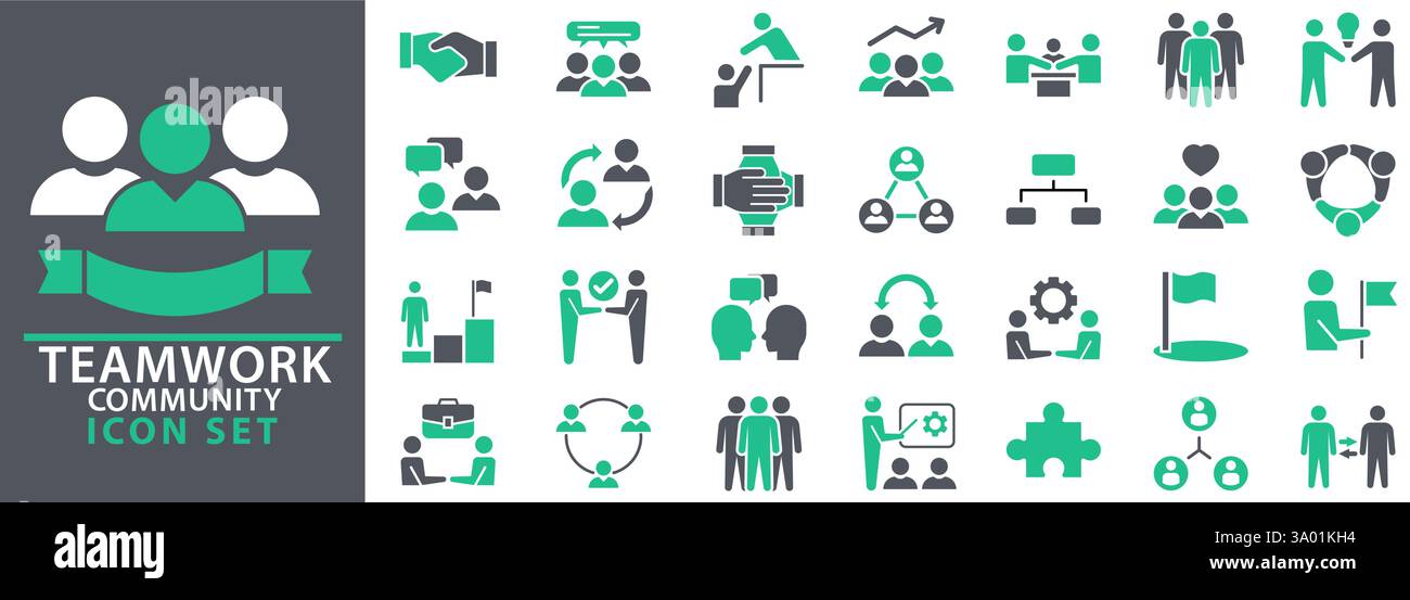 Collezione di icone del lavoro di squadra e della comunità. imposta pacchetto icone. Raccolta icone UI. Set di icone Web Illustrazione Vettoriale