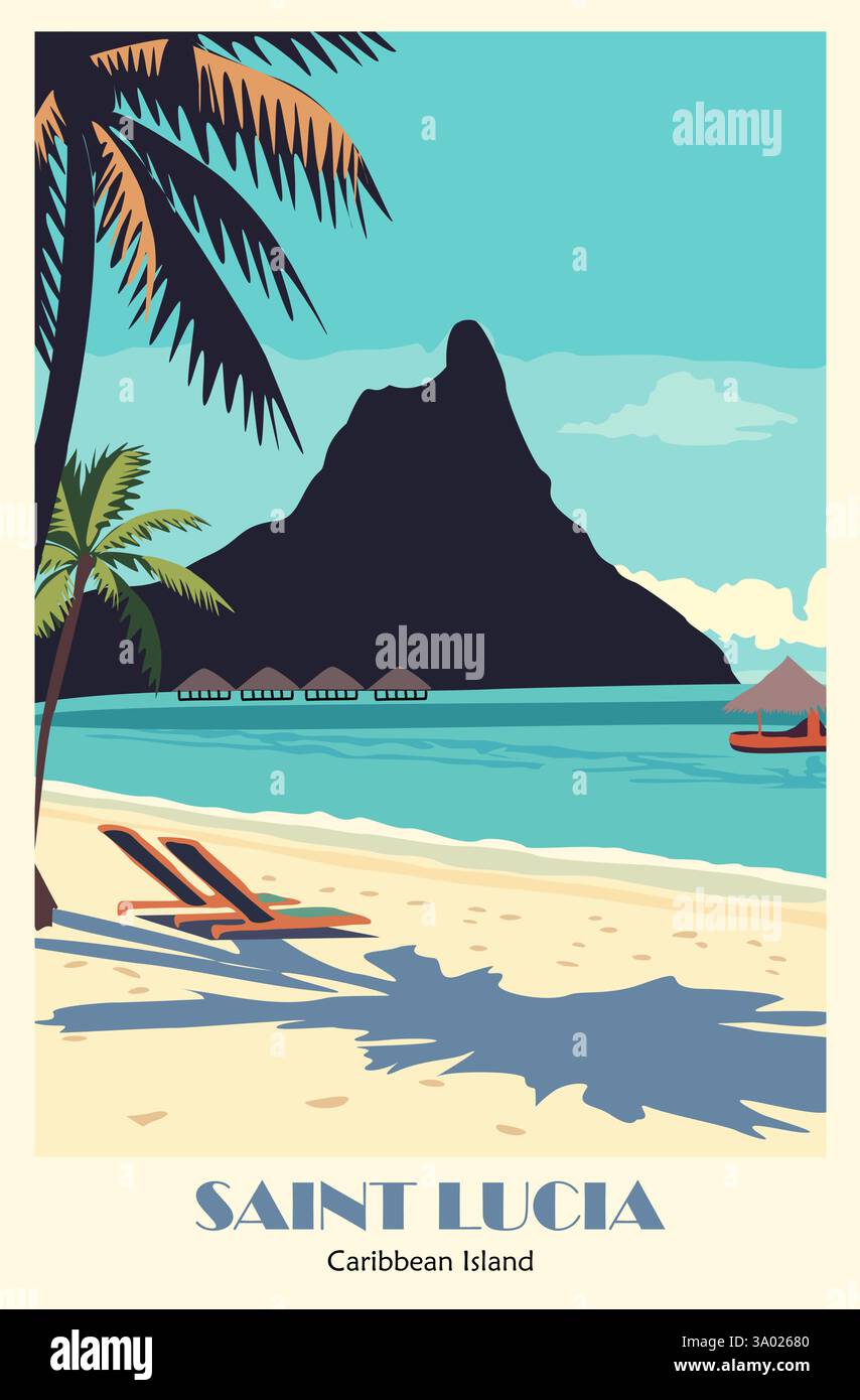 Poster d'arte di viaggio per l'isola caraibica di Saint Lucia Illustrazione Vettoriale