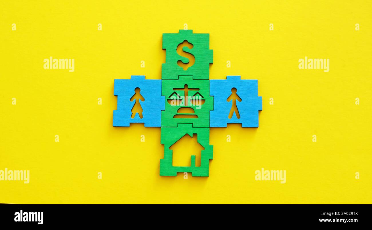 Puzzle sulla divisione immobiliare nel divorzio. Controversie legali. Foto Stock