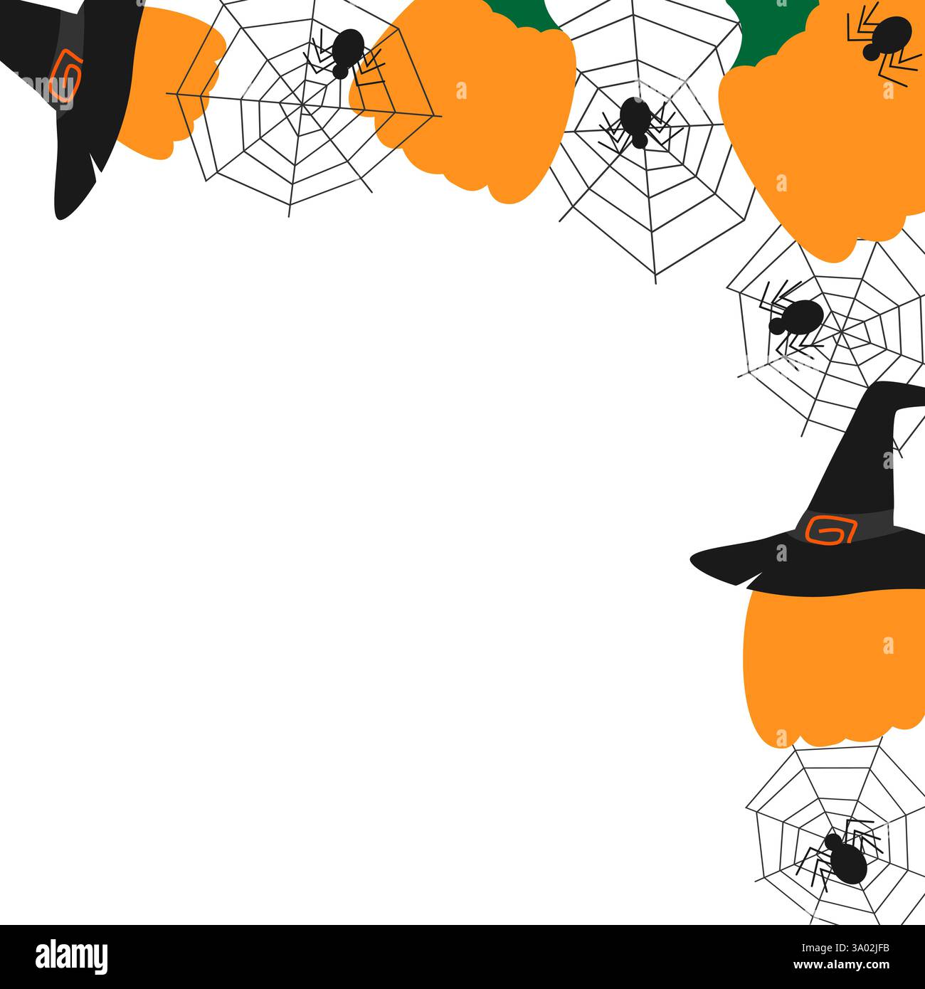 Zucche in cappelli da strega e ragni neri su cobweb Halloween Top Corner Frame Copia spazio modello. Illustrazione vettoriale isolata schede tematiche o banner promozionale Web, opuscoli, materiali di stampa o tag Illustrazione Vettoriale