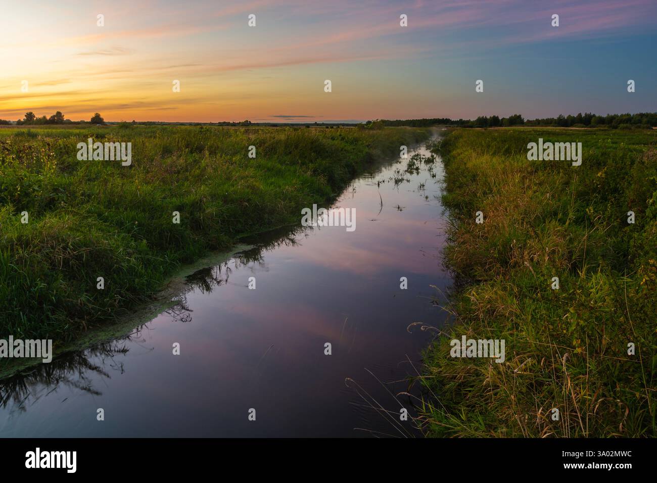 Una vista di un piccolo e tranquillo fiume nella Polonia orientale durante il tramonto Foto Stock