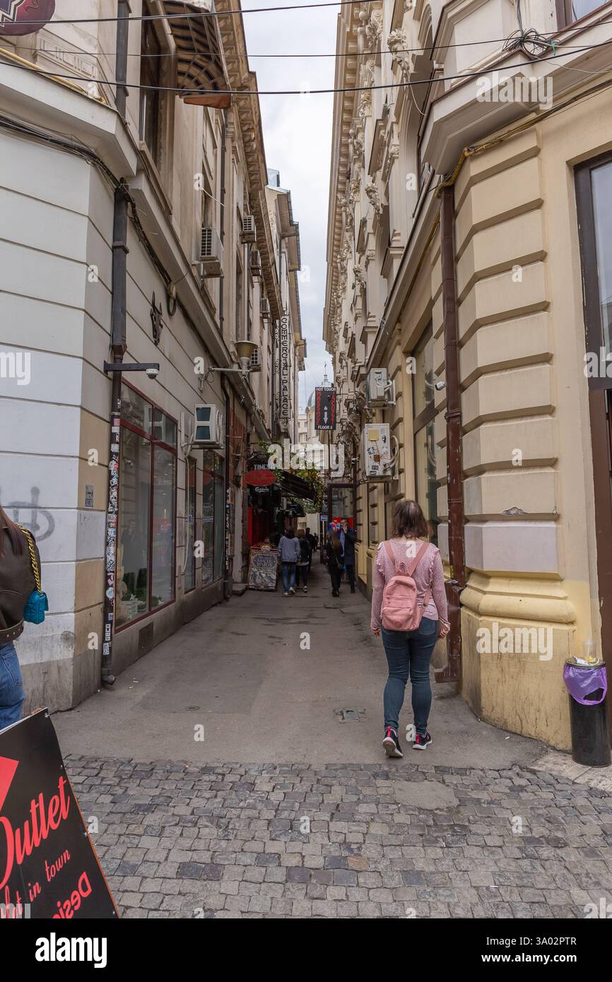5 maggio 2023. Bucarest Romania, edifici dall'architettura antica vicino al centro storico della città. Foto Stock