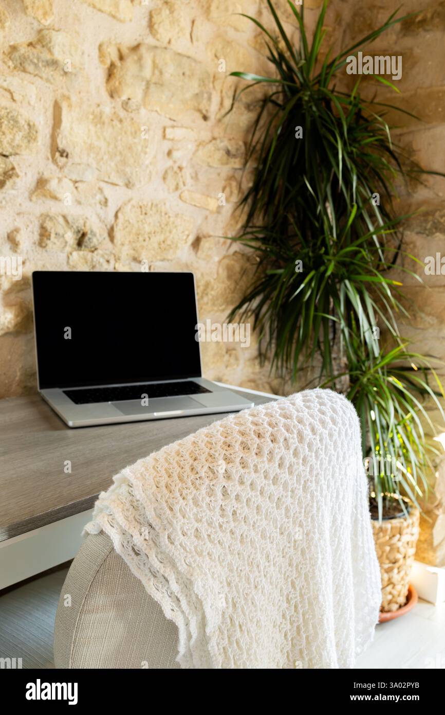 Accogliente area di lavoro con laptop e arredi naturali. Foto Stock