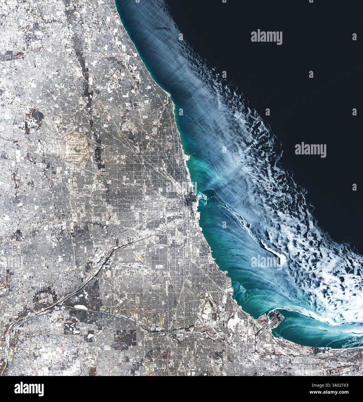 Inverno 2025 immagine satellitare di Chicago, Illinois, Stati Uniti. La temperatura dell'aria a Chicago ha raggiunto un minimo di 15 gradi Fahrenheit (meno 26 gradi) Foto Stock