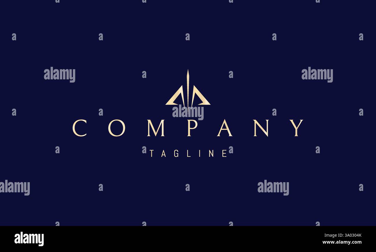 Logo dorato vettoriale con un'immagine astratta di un arco e una freccia sotto forma di lettera M.. Illustrazione Vettoriale