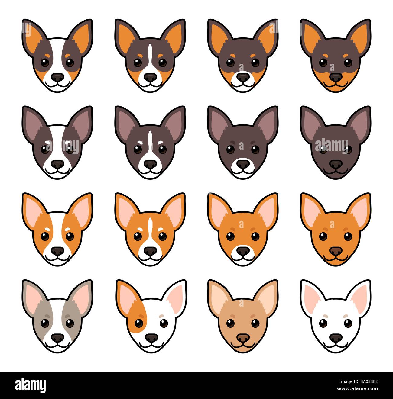 Carino set di colori e motivi Terrier dei cartoni animati. Marcature facciali di razza cane. Illustrazione grafica clip vettoriale. Illustrazione Vettoriale