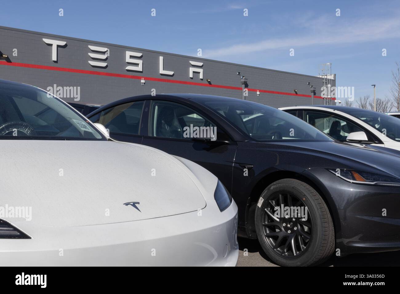Indianapolis - 28 febbraio 2025: Centro assistenza veicoli elettrici Tesla. I modelli Tesla includono Cybertruck, Model 3, Model Y, Model X e Model S. Foto Stock