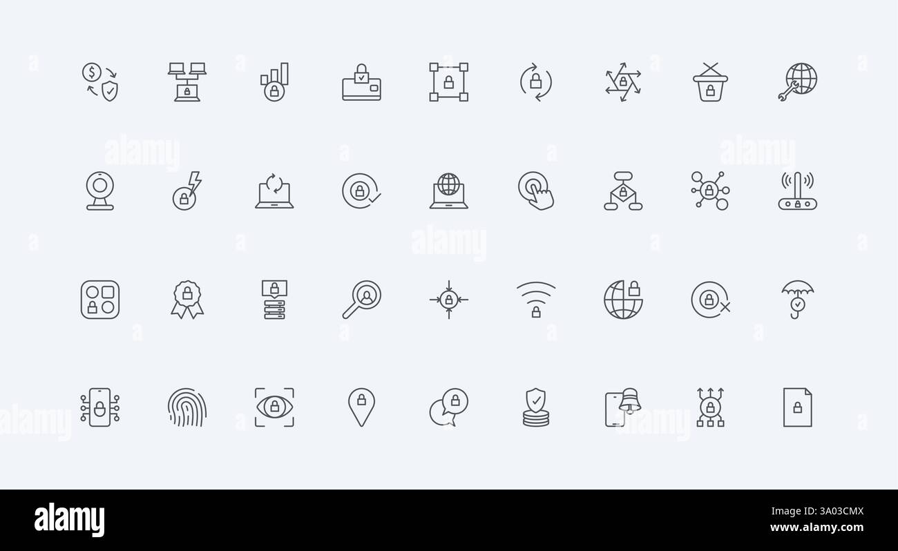 Software e scansione biometrica per l'accesso alle informazioni e la privacy della rete simboli sottili di contorno neri illustrazione vettoriale. Set di icone della linea di protezione dei dati digitali per la sicurezza informatica e la qualità Illustrazione Vettoriale