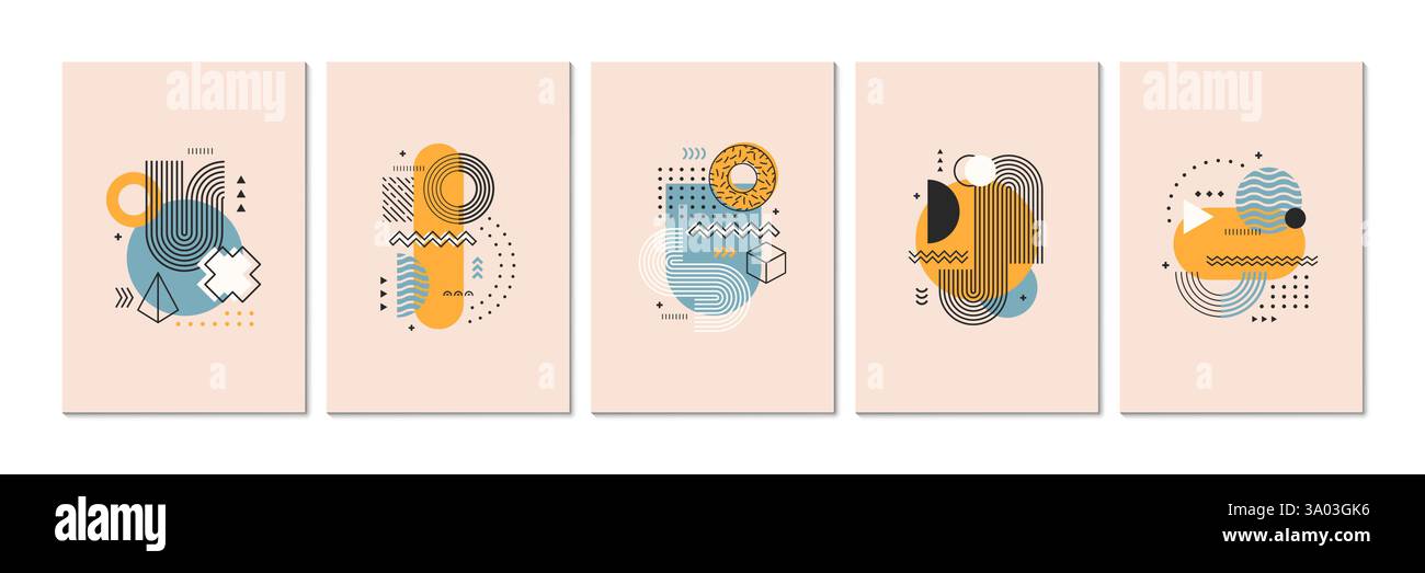 Poster geometrici astratti di Memphis. Volantini verticali o layout vettoriali di schede con forme grafiche minimalistiche. Poster vintage delle figure di Memphis Illustrazione Vettoriale