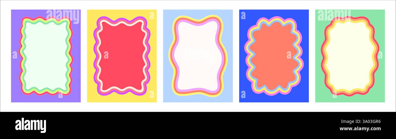 Cornici ondulate a capesante a colori Y2K con linee rettangolari a forma di onda e bordi con motivo a zigzag retrò per caselle di testo vettoriali, banner o etichette. Anno modello Illustrazione Vettoriale