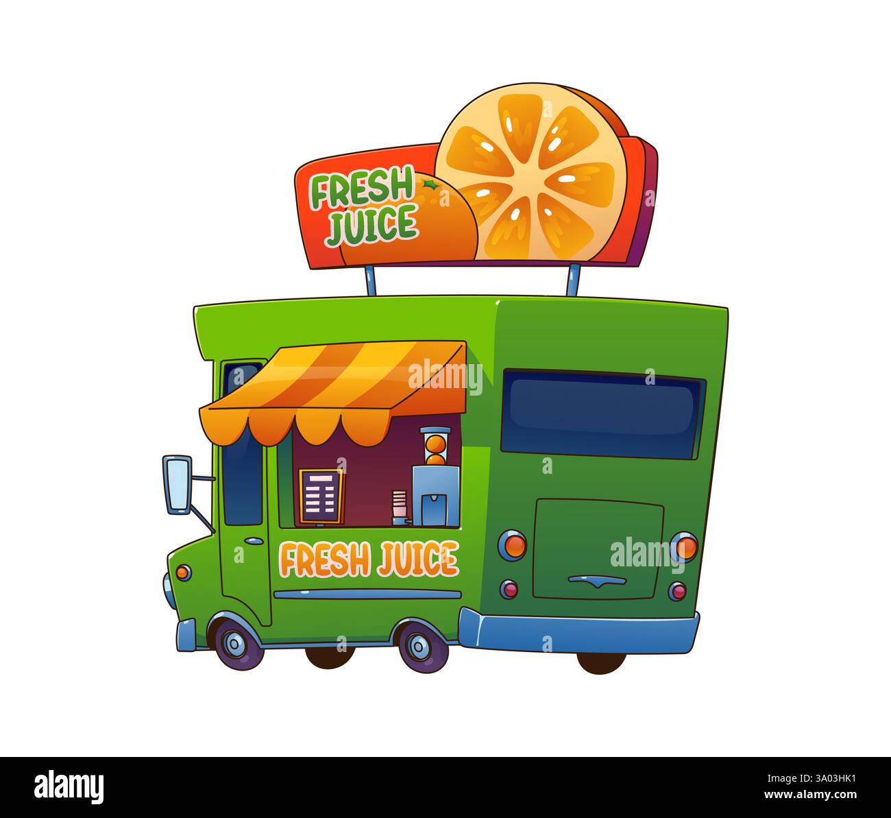 Carrello cartoni animati con succo di frutta fresco, food truck vintage per festival. Veicolo retrò Vector Green per il servizio di distributori automatici mobili, dotato di tendone e servin Illustrazione Vettoriale