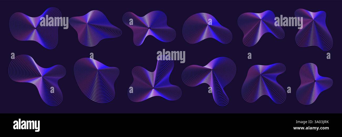 forme d'onda delle linee sonore 3d con pattern grafico astratto, musica vettoriale e tecnologie digitali. Onde sonore di curve del flusso di energia acustica, AM dinamico Illustrazione Vettoriale