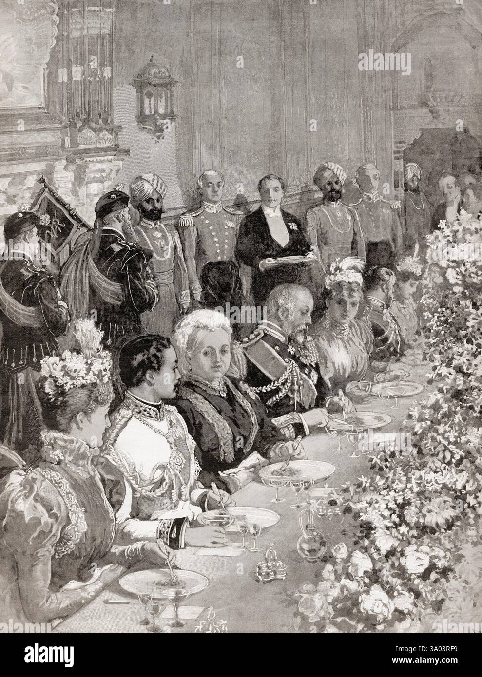 Visita del re del Siam alla regina Vittoria nel 1897: Pranzo nella sala Durbar, Osborne House, Isola di Wight. Victoria, 1819 – 1901. Regina del Regno Unito di Gran Bretagna e Irlanda. Chulalongkorn, 1853–1910. Quinto re del Siam. From the Graphic - An Illustrated Weekly Newspaper, pubblicato nel 1897. Foto Stock