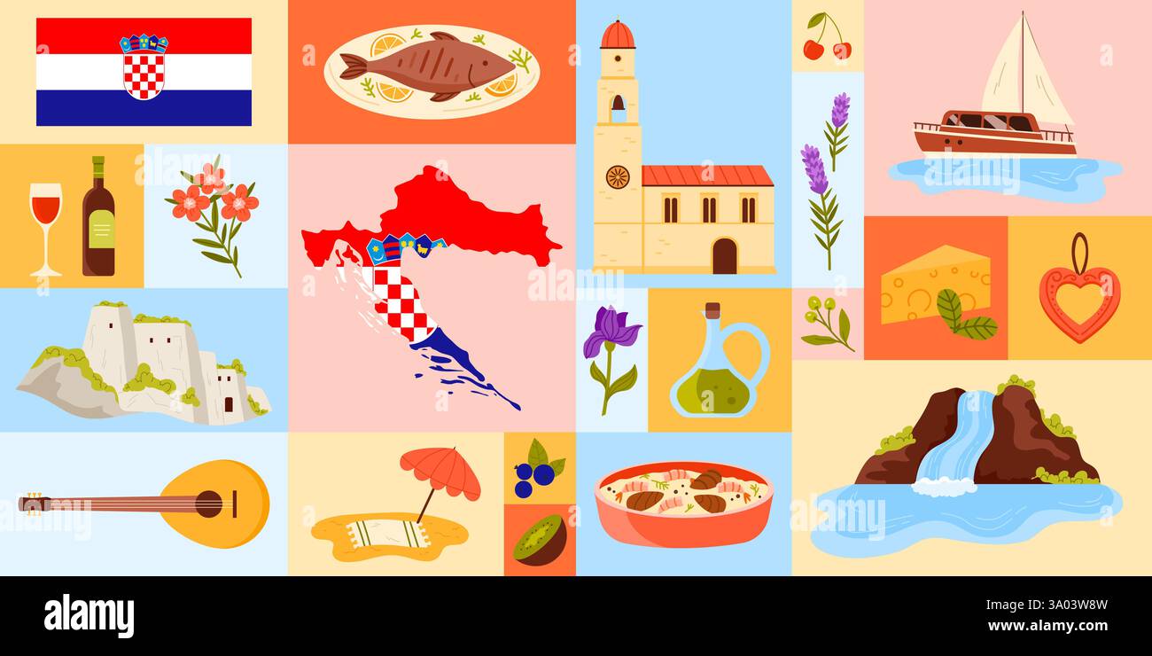 Design dettagliato con monumenti storici croati, piatti tradizionali, elementi costieri e simboli culturali come olio d'oliva, formaggio e barche. Illustrazione vettoriale ideale per viaggi e promozioni culturali Illustrazione Vettoriale