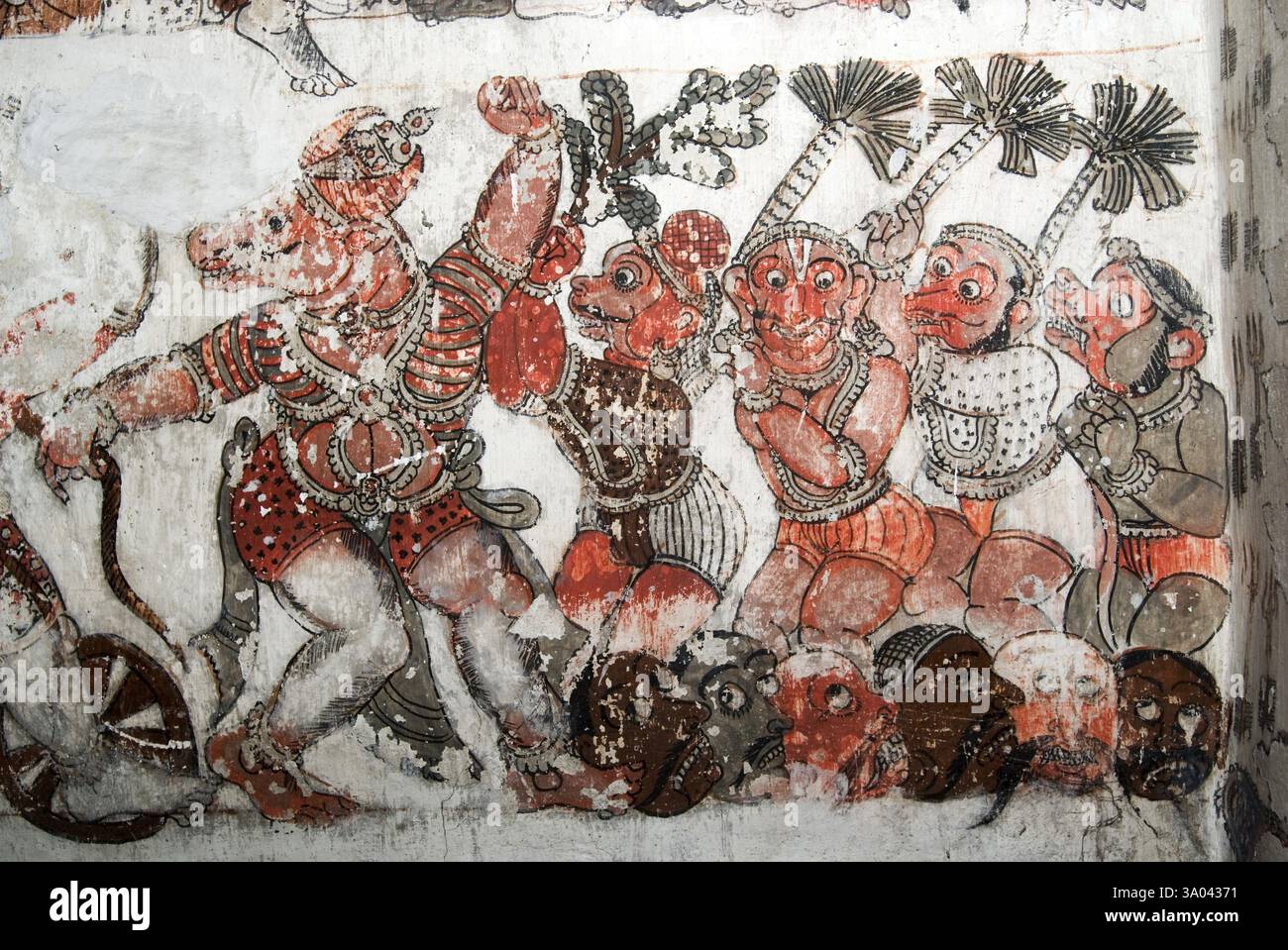 Murales raffiguranti Ramayana e Mahabharat sul soffitto nel tempio Chennakeshavaraya, Adiyamankottai vicino a Dharmapuri Foto Stock