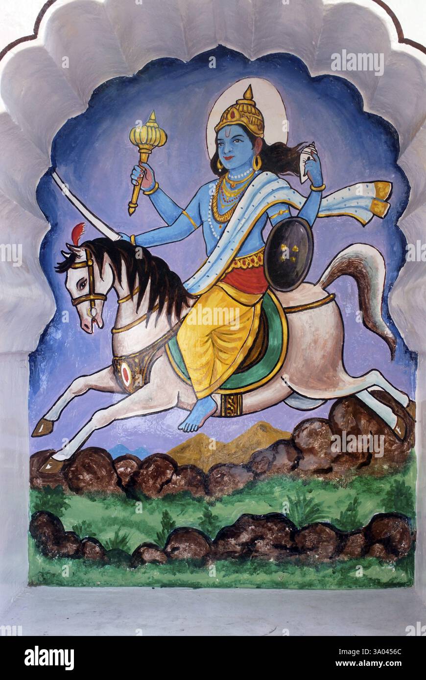 Kalkiavtar o Kalanki decima incarnazione del signore Vishnu colorfully dipinto sul muro di Vishnu Narayan temple Pune Foto Stock