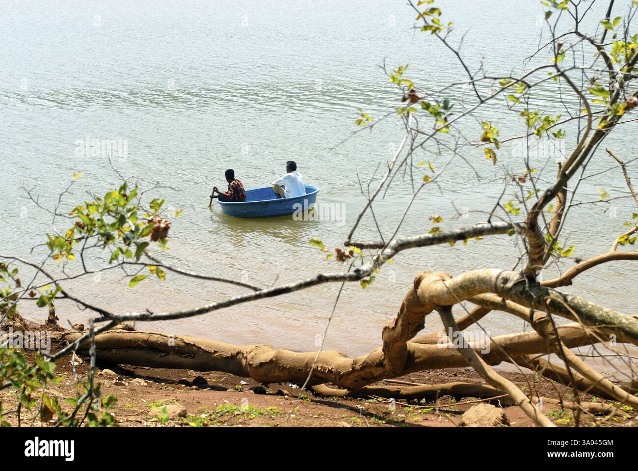 Gite in barca, eco luogo turistico di Baralikkadu situato sulla diga di Karamadai Pilloor, catena Athikkadavu Ghats occidentali Coimbatore, Tamil Nadu Foto Stock