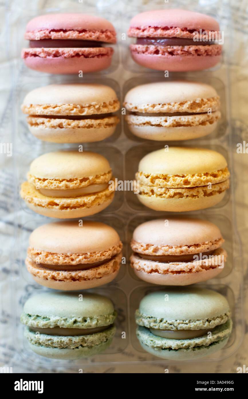 Macaron francesi in colori pastello arcobaleno vista dall'alto Foto Stock