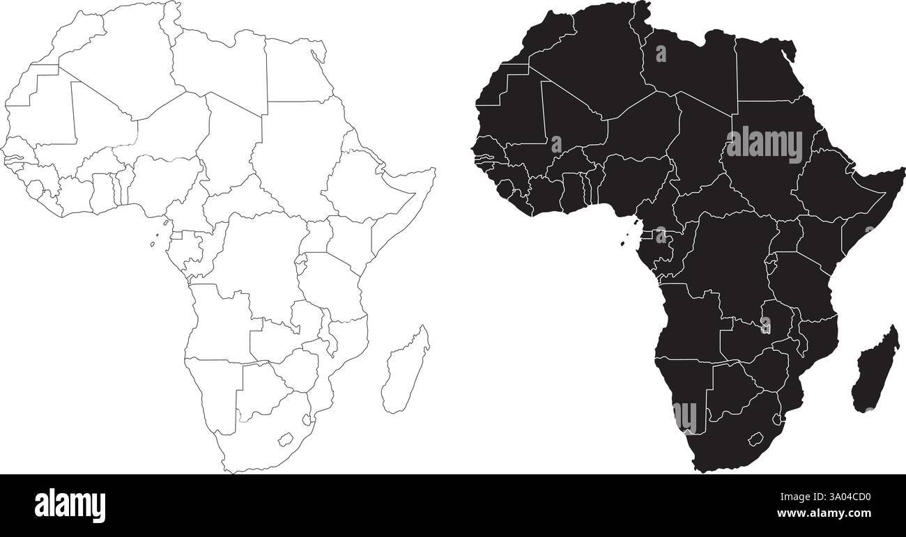 Africa continente paesi mappa vettoriale politica sagoma nera illustrazione design Illustrazione Vettoriale