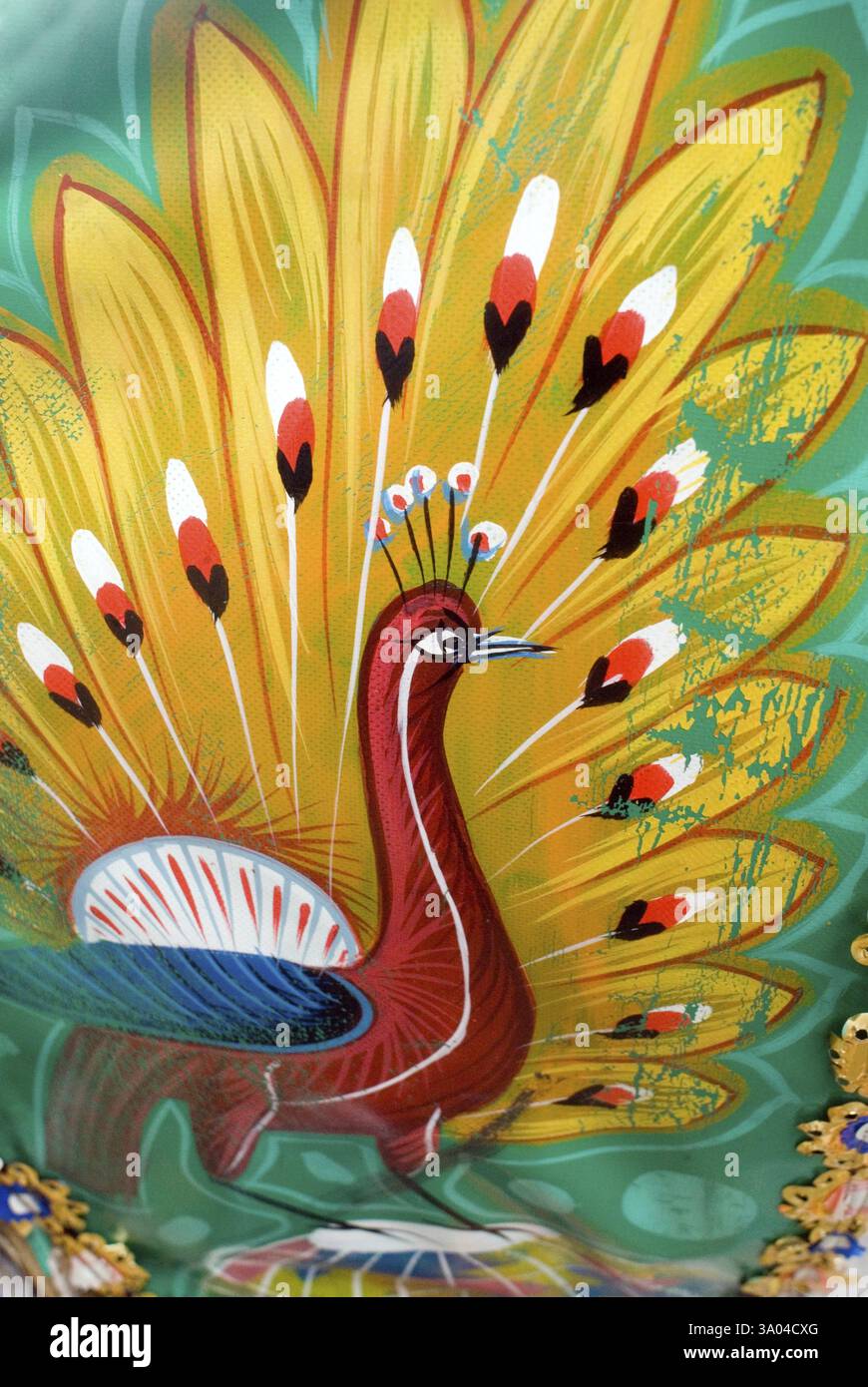 Arte del risciò: Opere d'arte bengalesi uniche e popolari, dipinti e decorazioni sul risciò a tre ruote, Dacca, Bangladesh, Asia Foto Stock