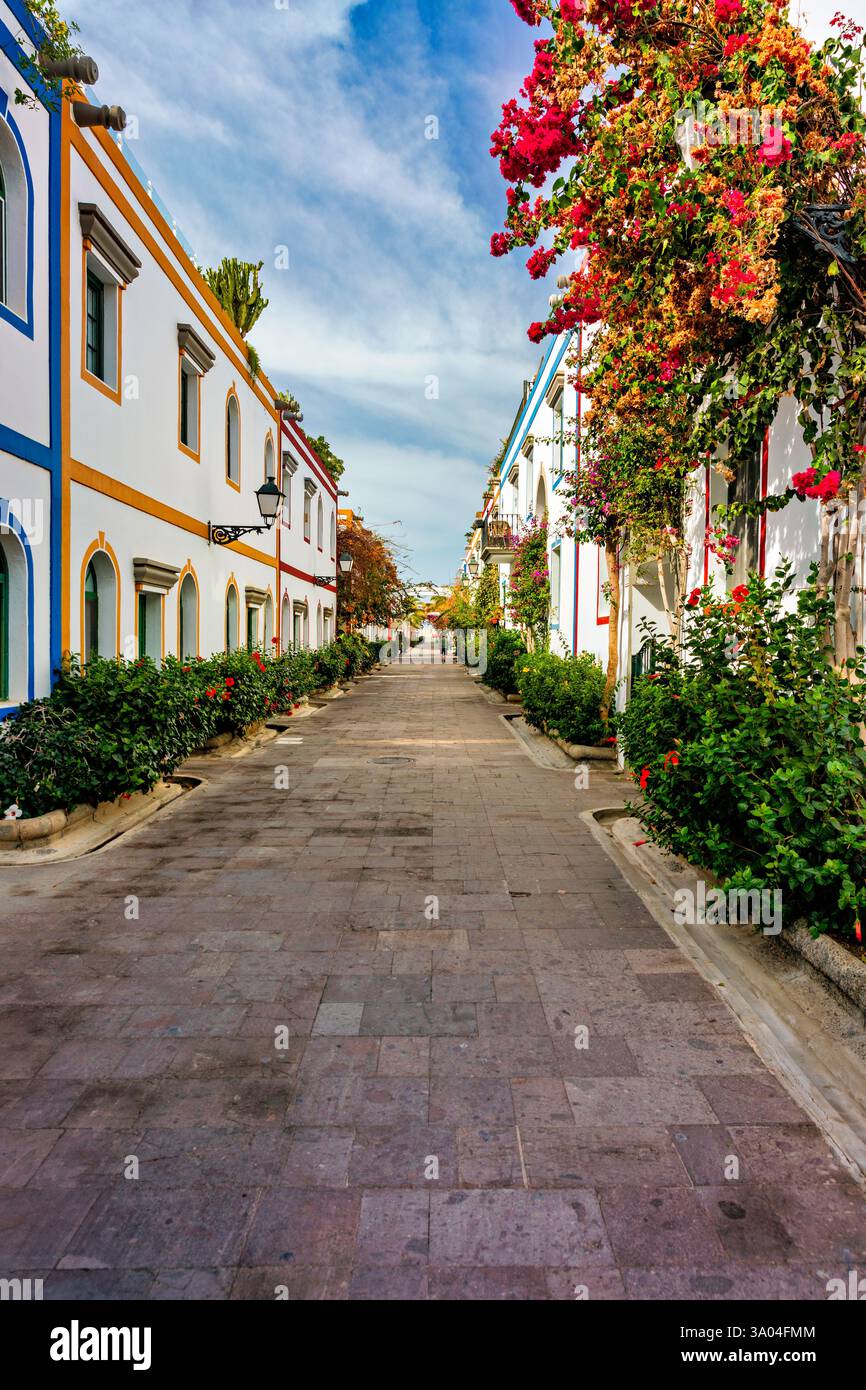 Strada con fiori in fiore a Puerto de Mogan, Gran Canaria, Spagna. Luogo di vacanza preferito dai turisti e dagli abitanti dell'isola. Puerto de Mogan con Foto Stock